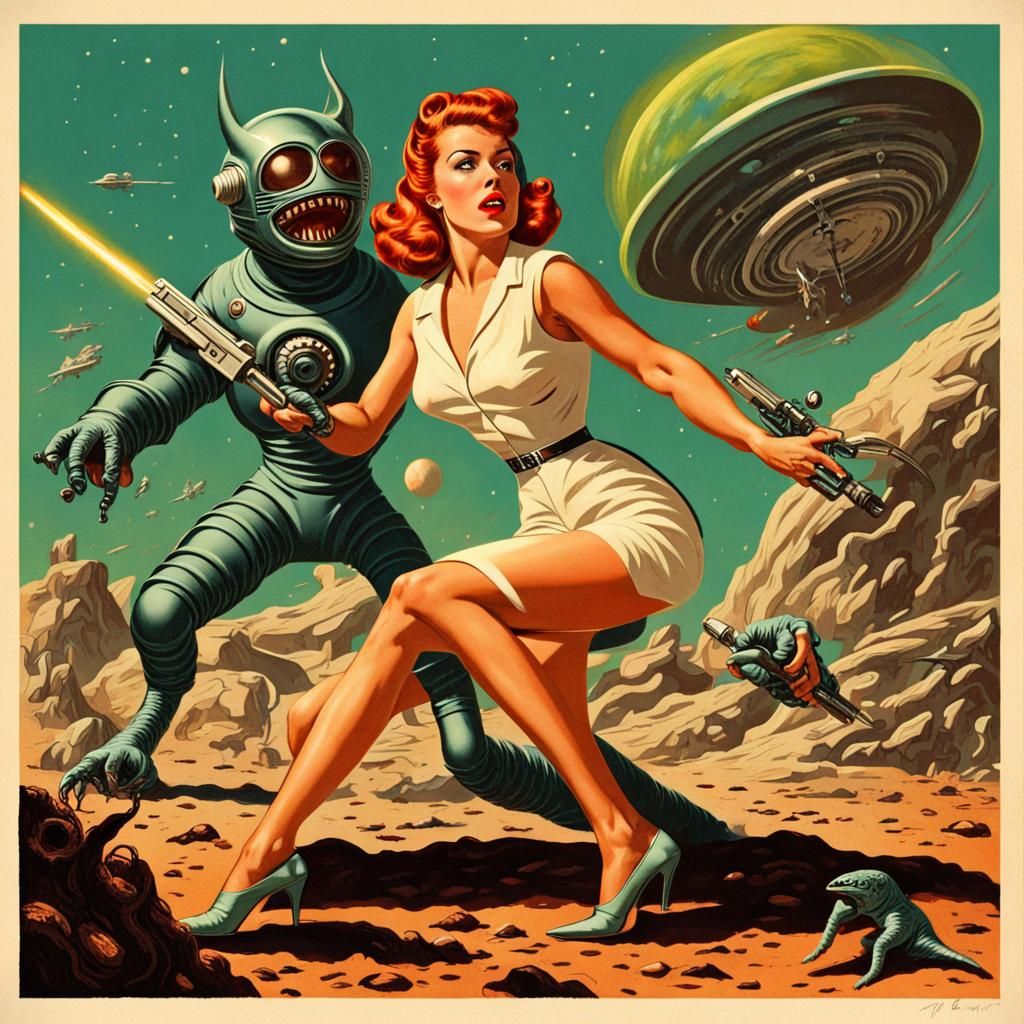 Retro Heroine Battles Alien Monsters in Mid-Century Style