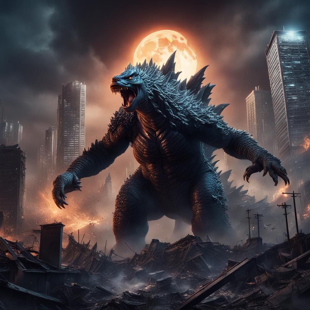 Godzilla Roars in Moonlit City: Fantasy Concept Art