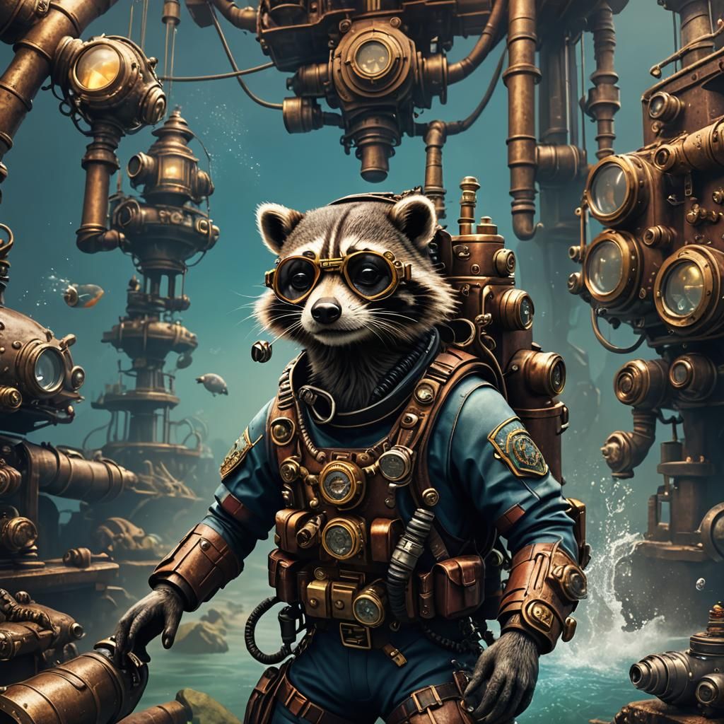 Steampunk Raccoon Scuba Diver in Detailed Matte Painting