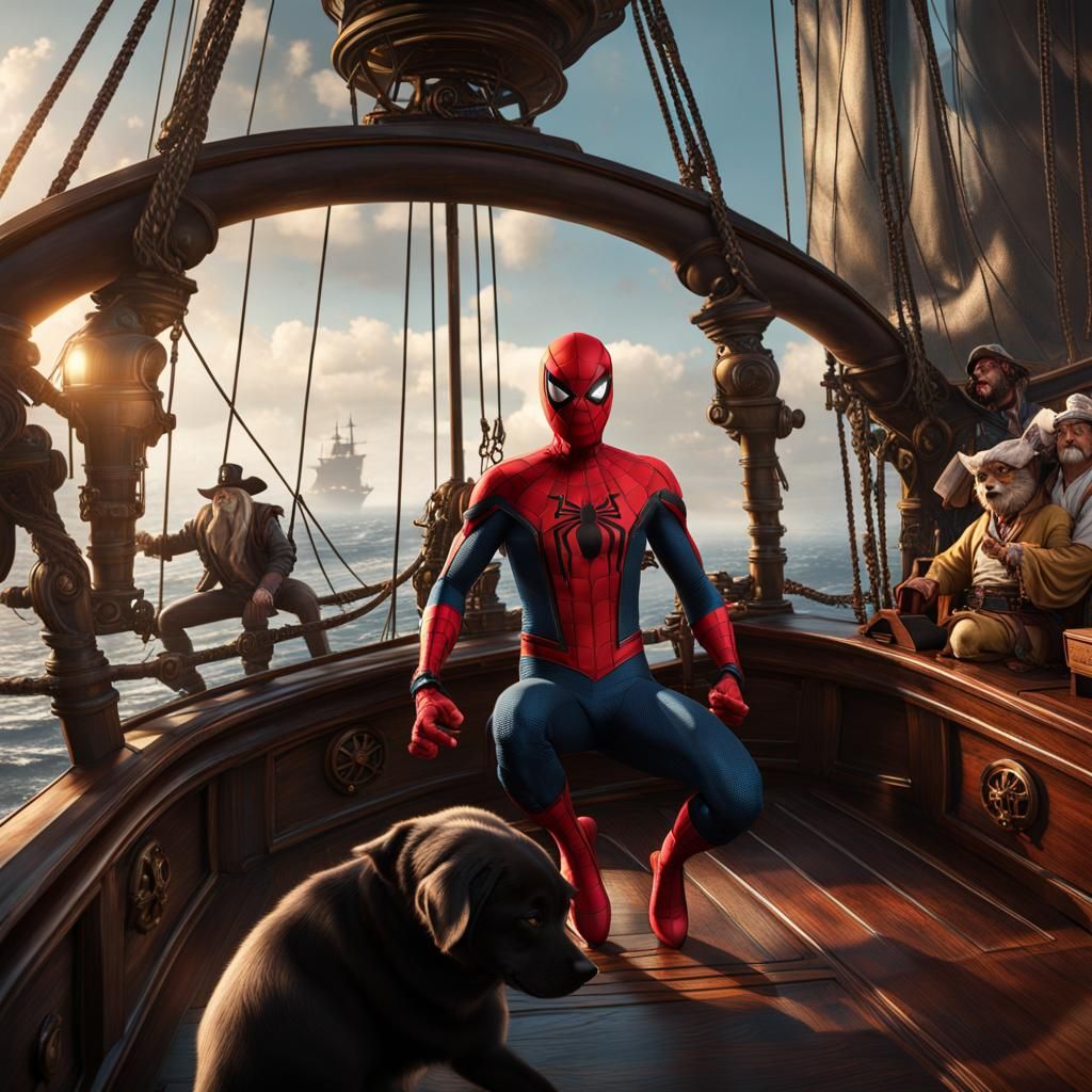 Spider-Man Pirate and Dog on Ship: Fantasy Art