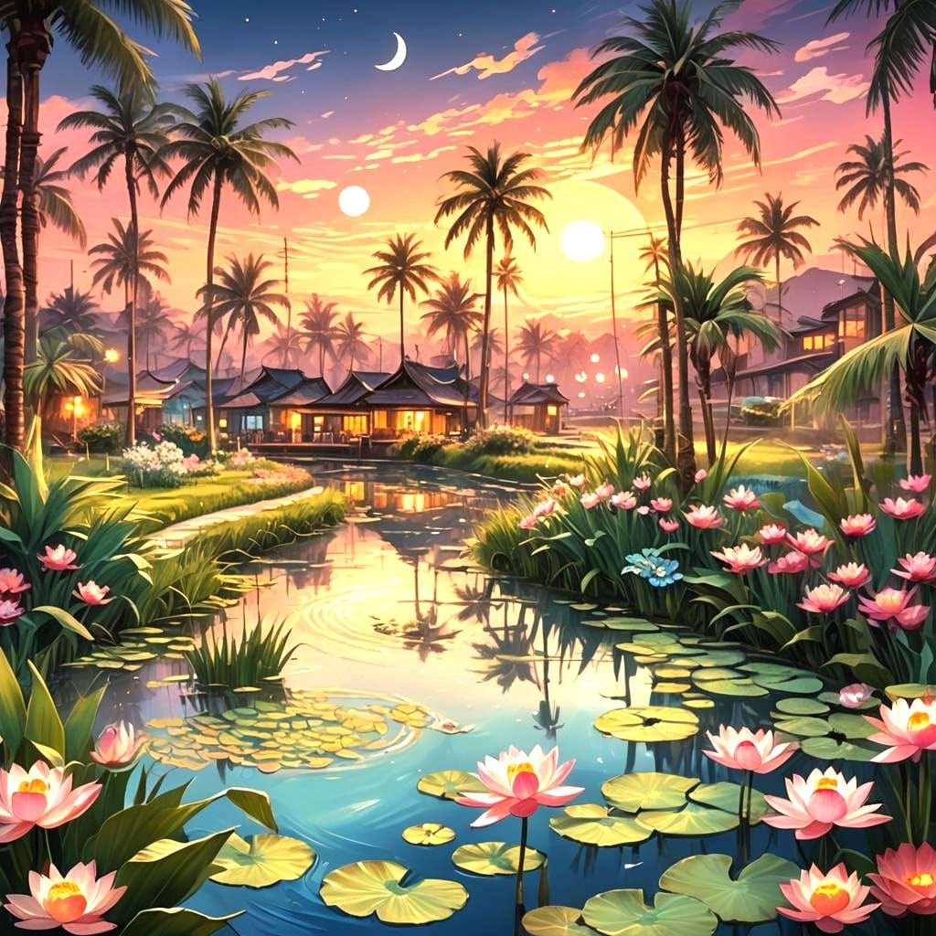 Tropical Village with Palm Trees, Fantasy Art