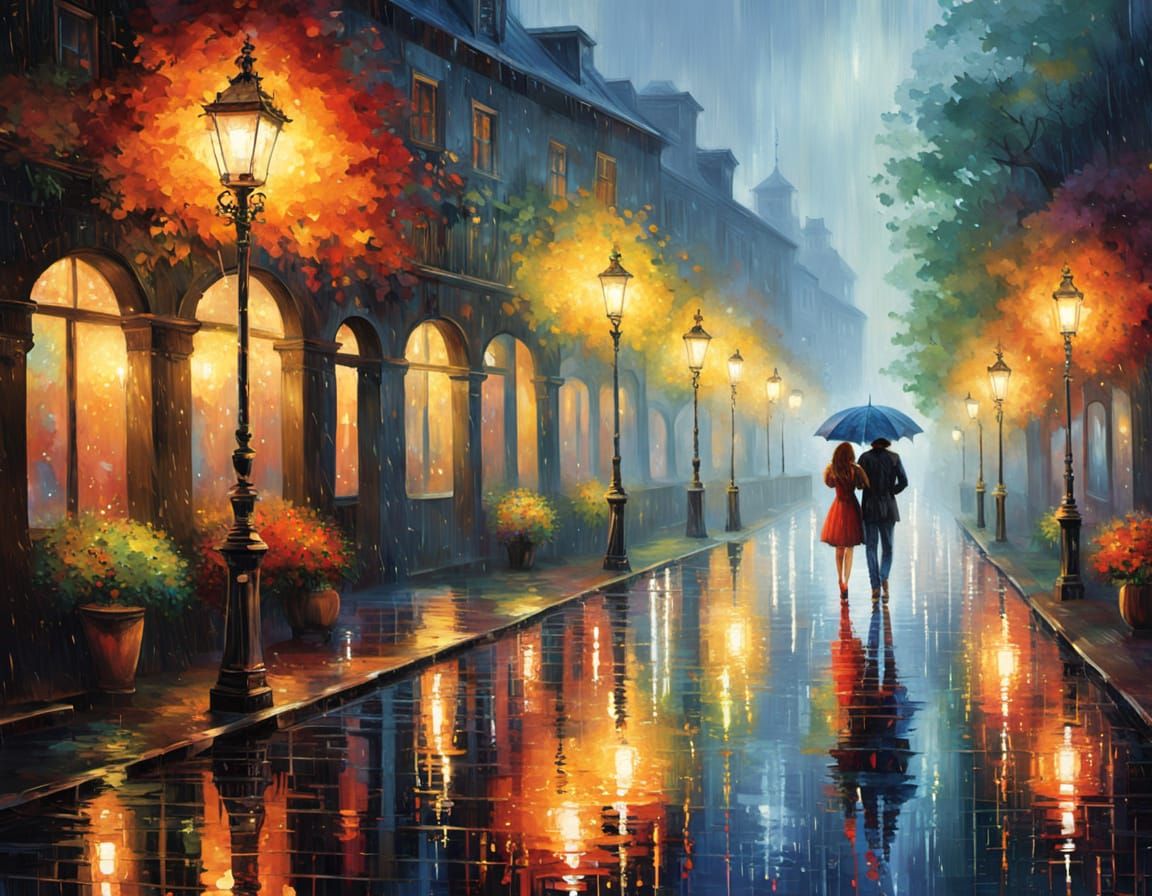 Romantic Couple Under Umbrella in Prismatic Rain