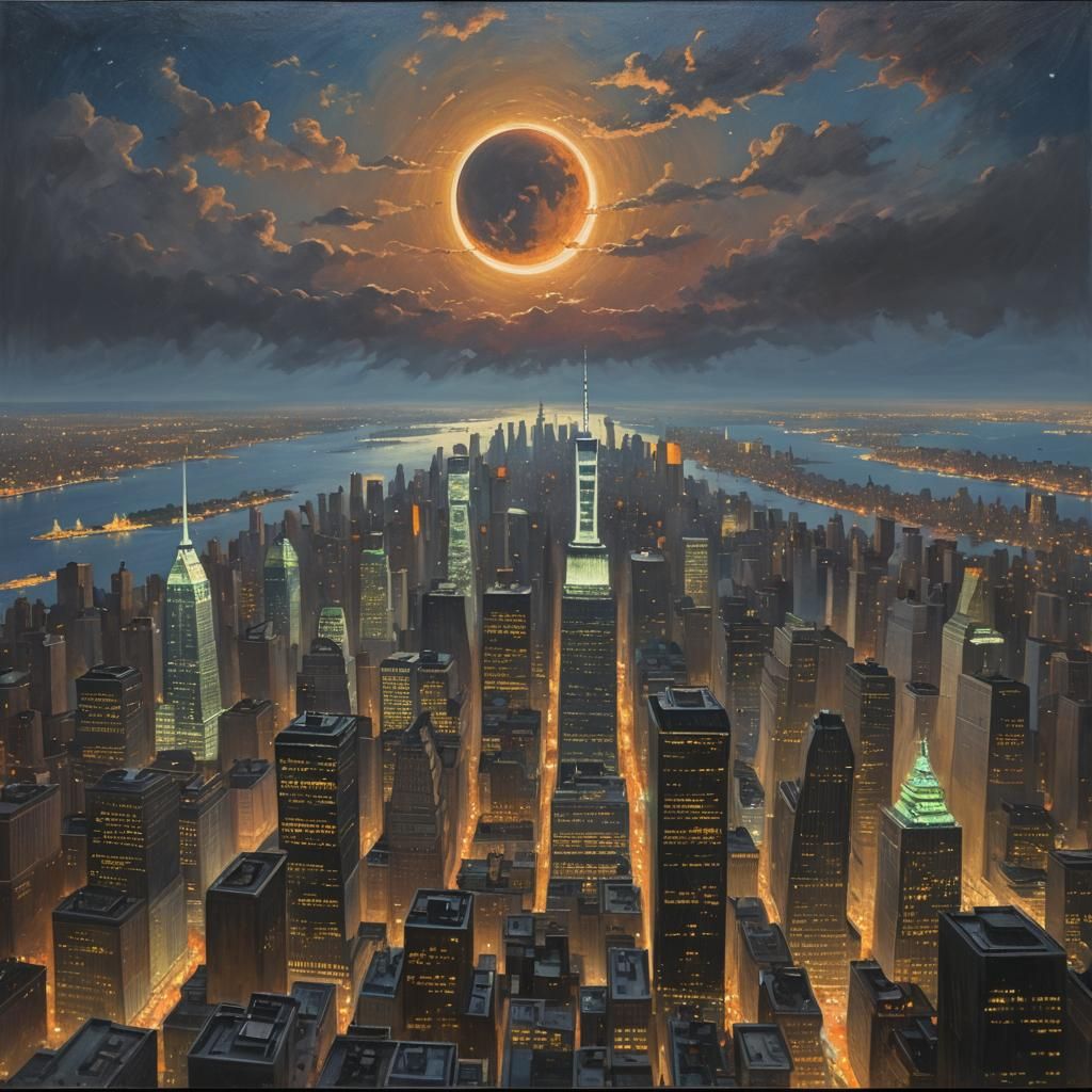 Eclipse Over New York as Oil Painting