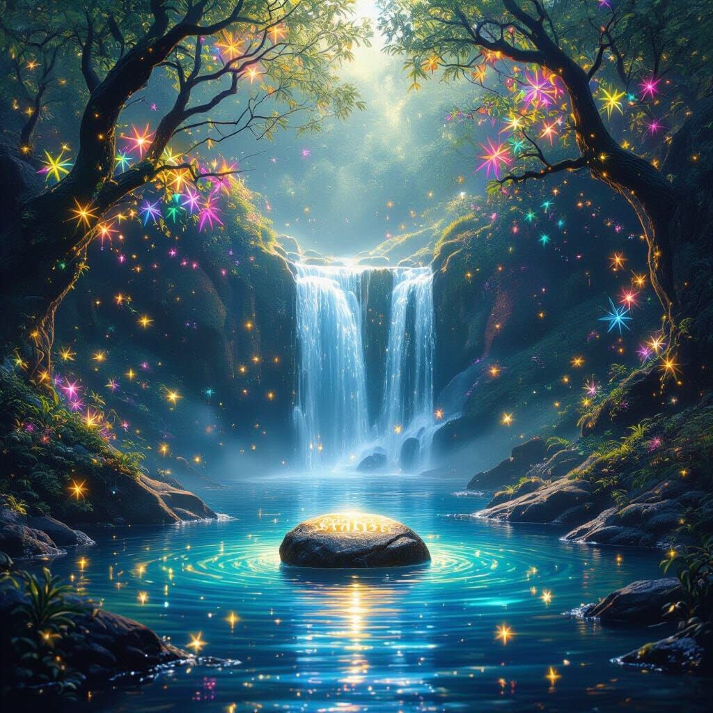 Enchanted Waterfall Valley With Crystal Trees and Starry Poo...