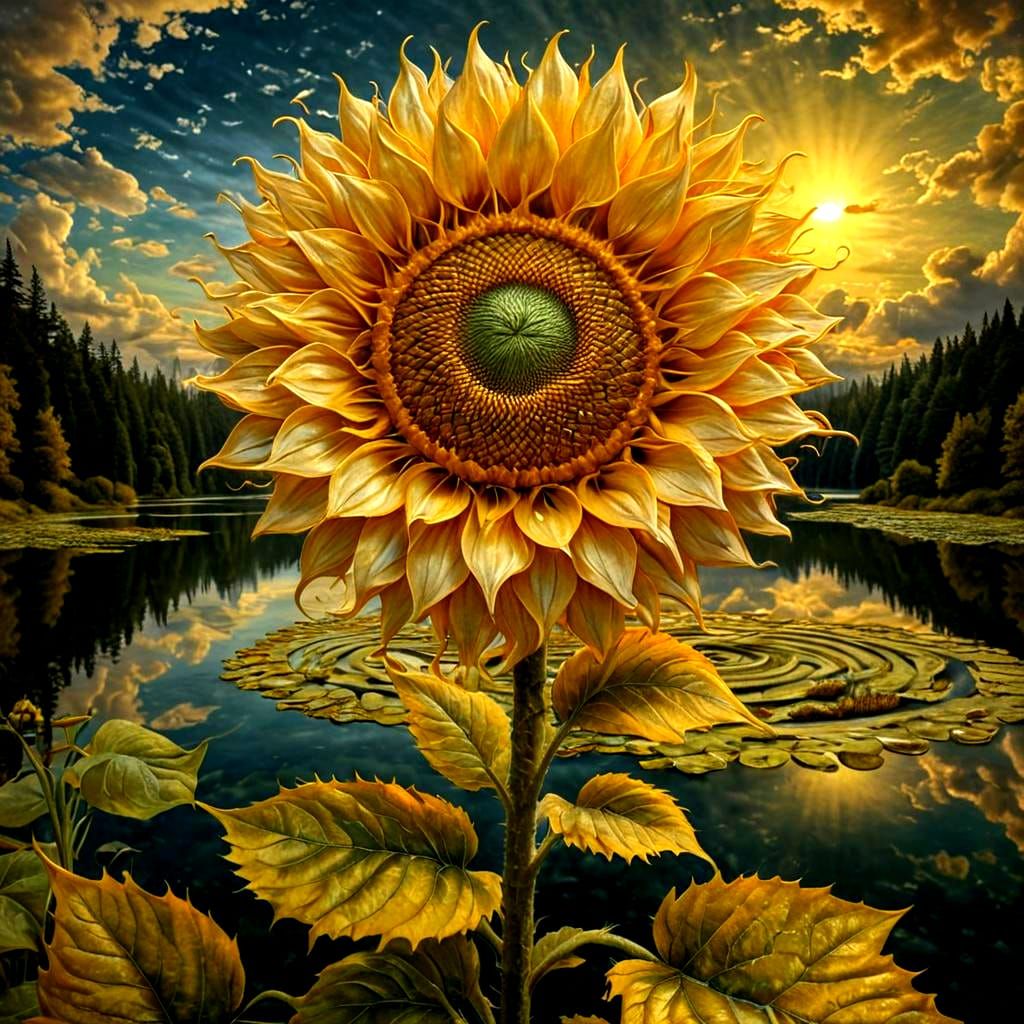 Surreal Fibonacci Sunflower Mandala in High Fantasy Style