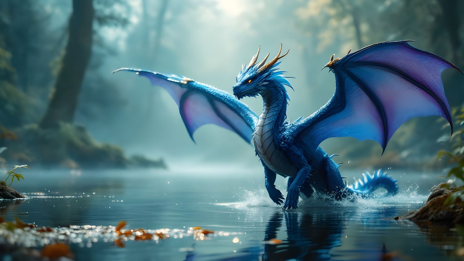 Epic Blue Dragon Takes Flight Over a Serene Lake