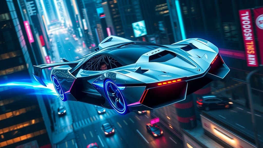 Cyberpunk Supercar Defies Gravity in Neon Cityscape