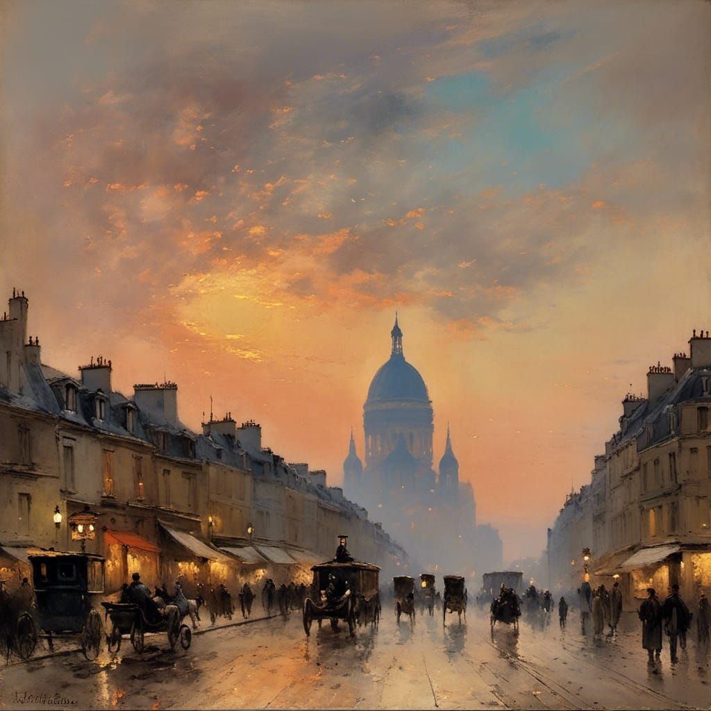 Paris Sunset Oil Painting in Romantic Style