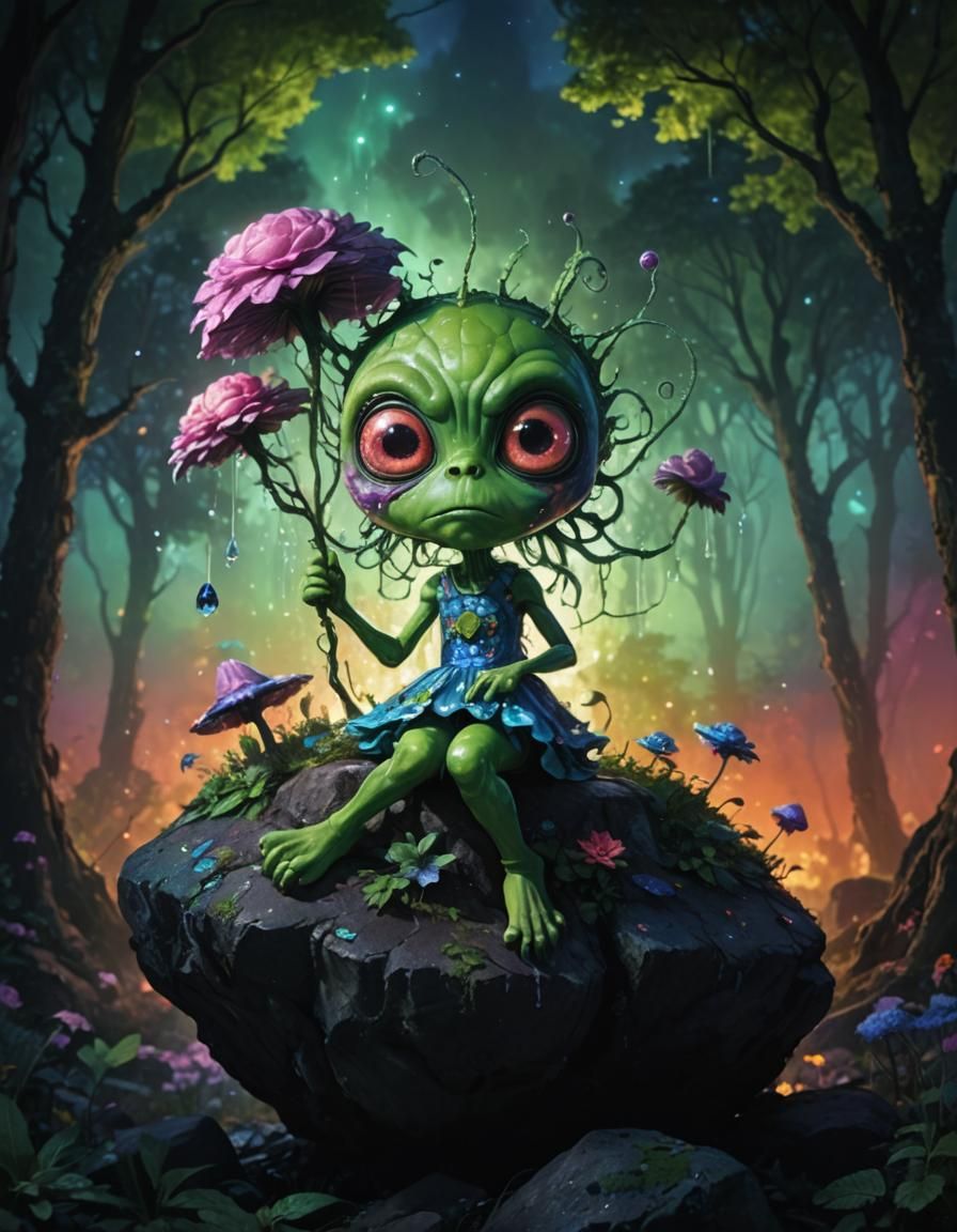 Angry Cute Alien in Psychedelic Forest Art
