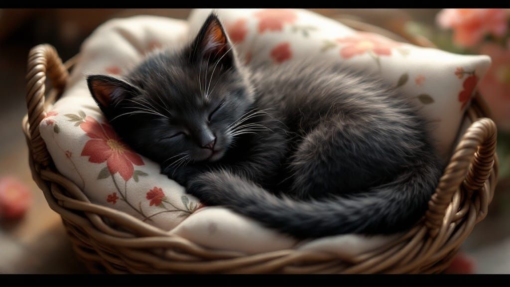 Sweet Black Kitten Asleep in Wicker Basket