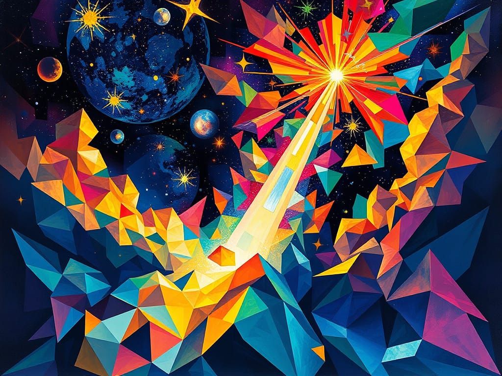 Celestial Ascension in Vibrant Cubist Style