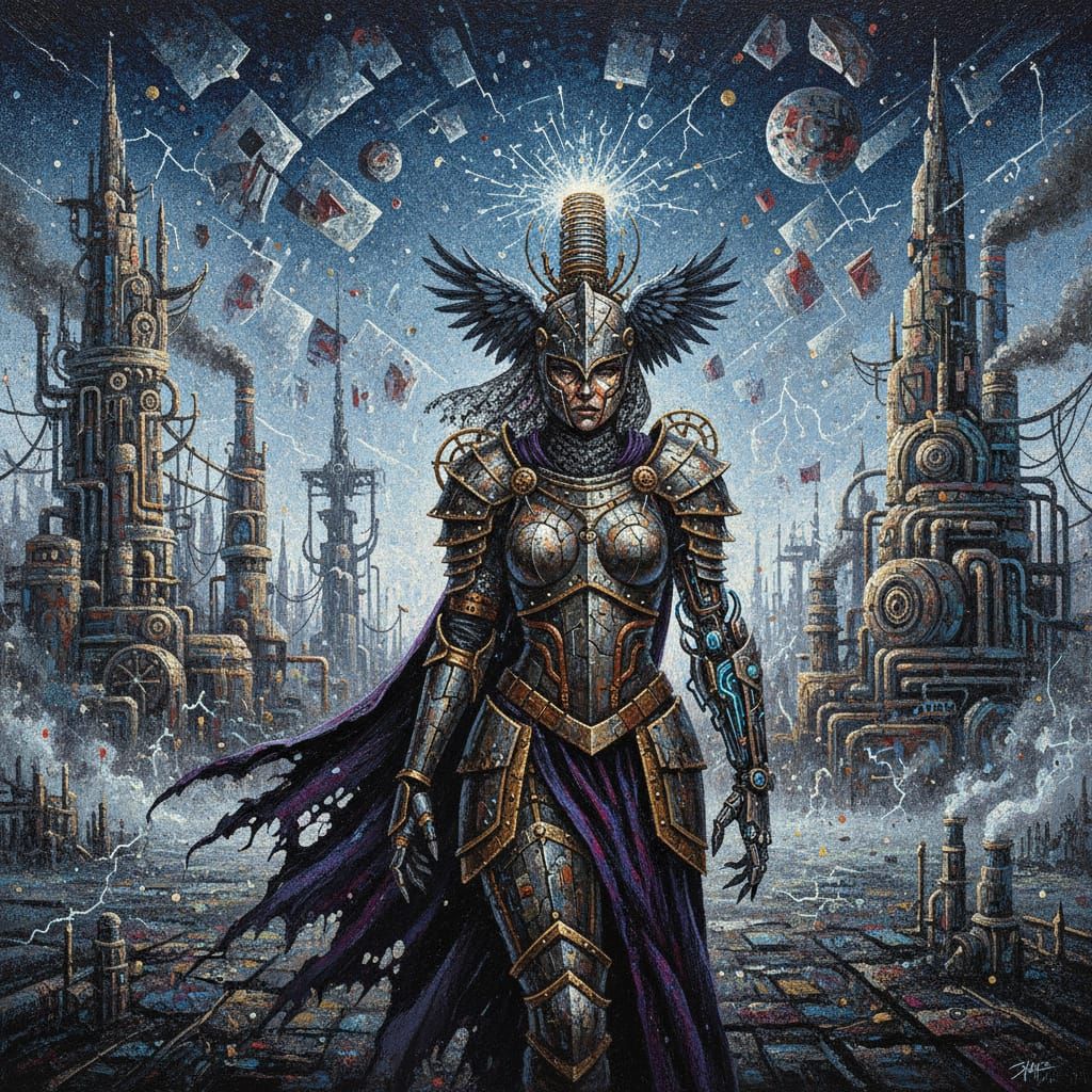 Cybernetic Knight in Futuristic Landscape