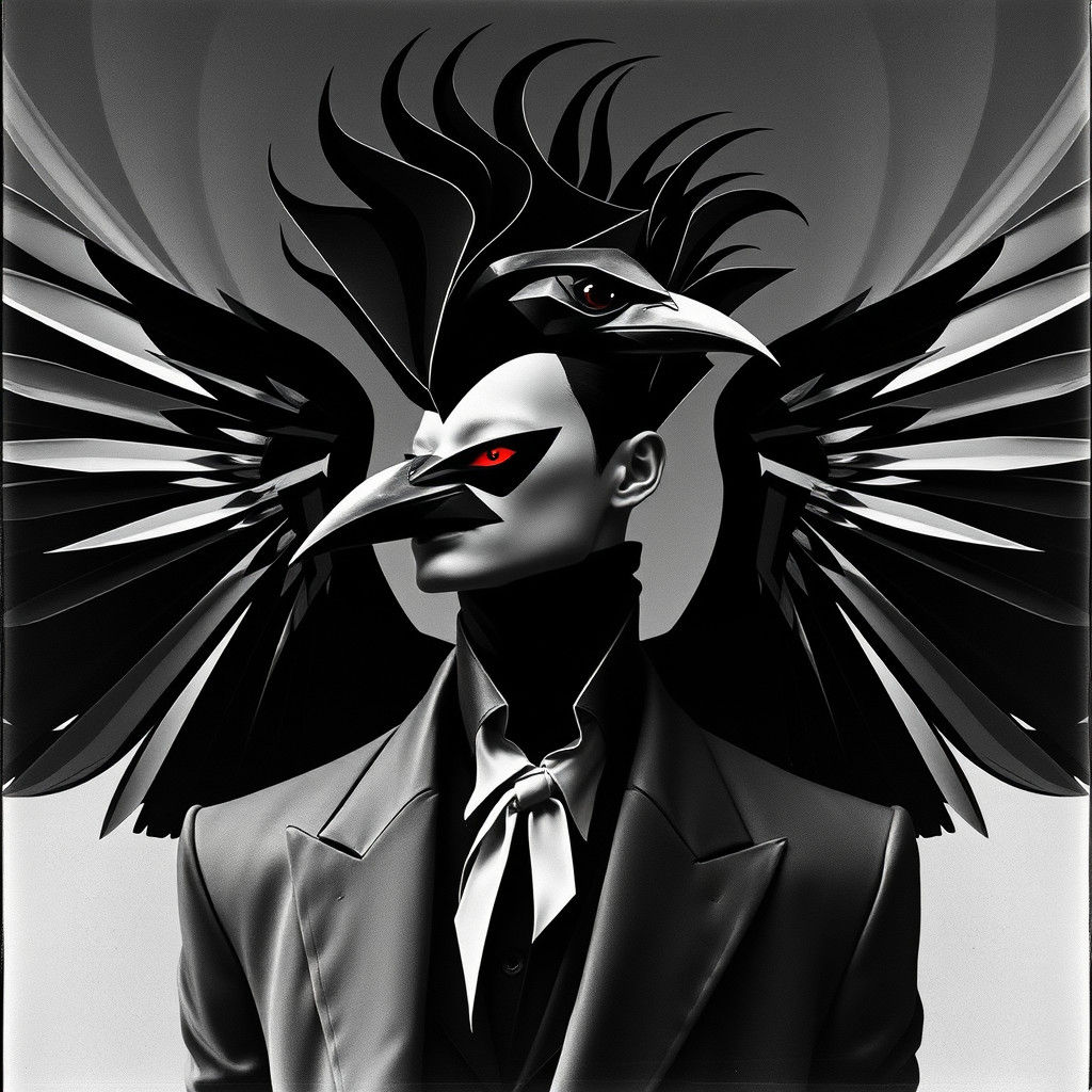 Geometric Raven Man in Dada Photogram Style