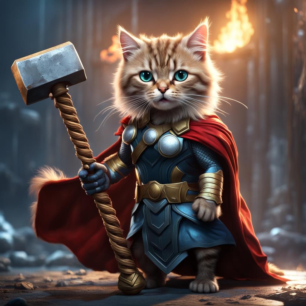 Cat as Thor with Hammer, Detailed Digital Painting