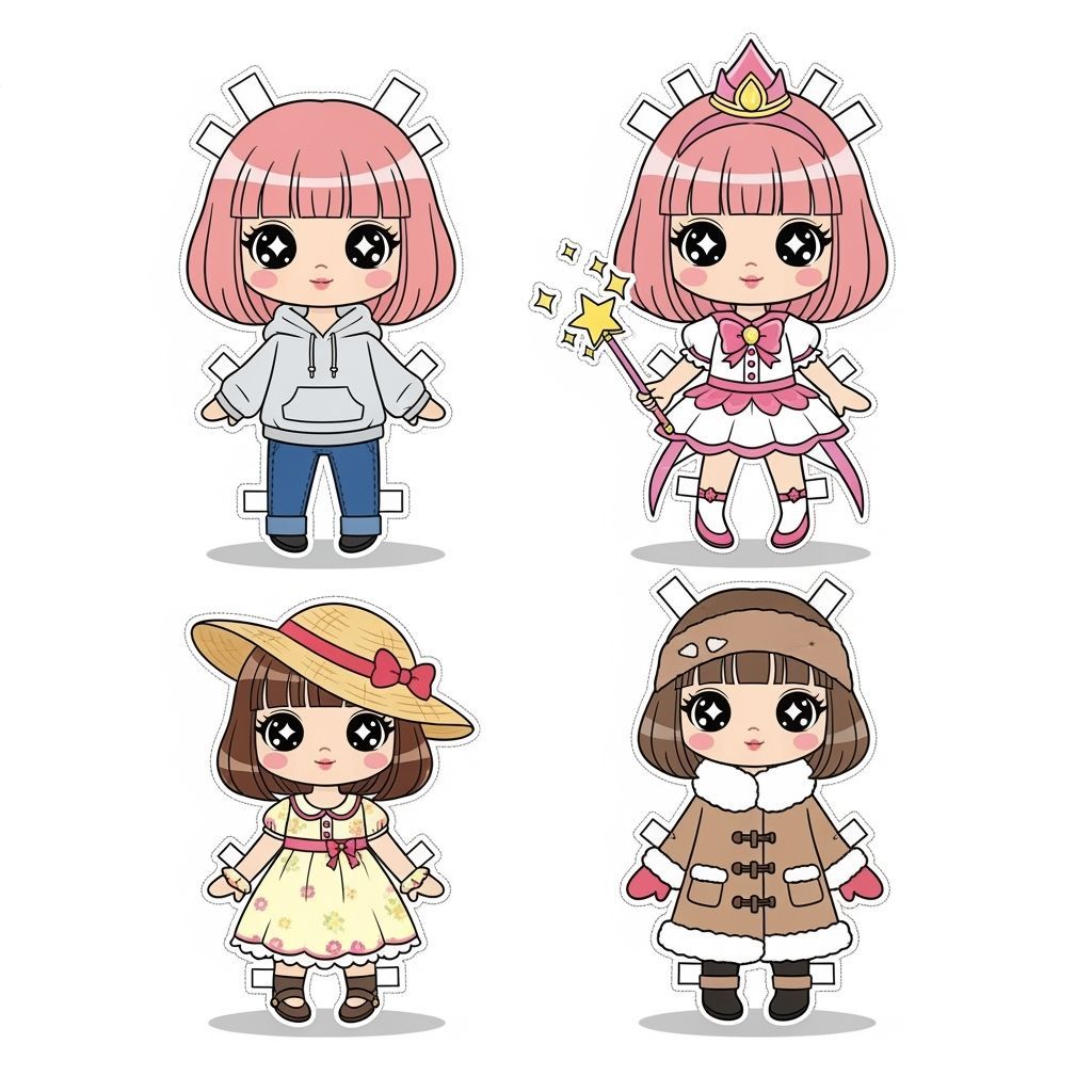 Kawaii Paper Doll with Interchangeable Outfits