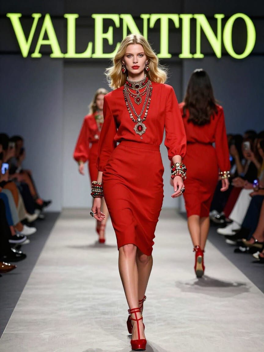1960s Model on Catwalk Under Valentino Sign