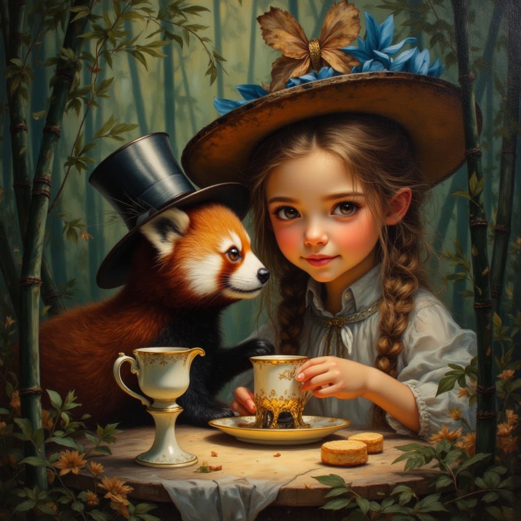 Little Girl's High Tea with Red Panda in Bamboo Forest