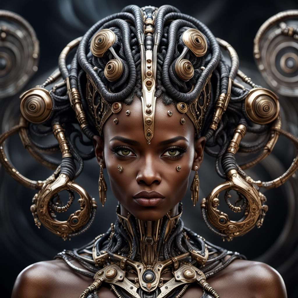 Biomechanical Nubian Queen in Hyperrealistic Dark Fantasy