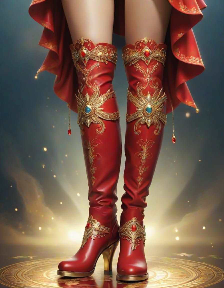 Tanned Legs in Golden Boots Suspended in Ethereal Void