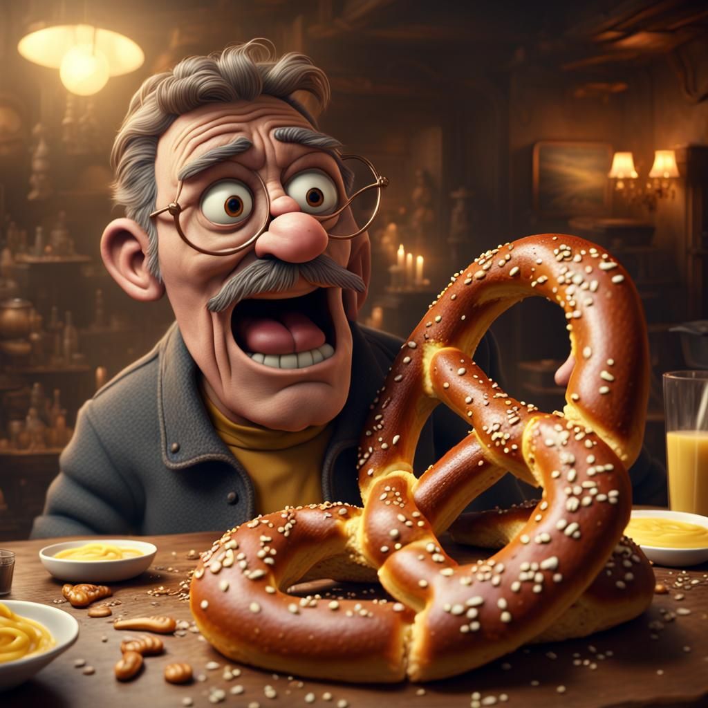 Grumpy Pretzel Cartoon Character with Mustard