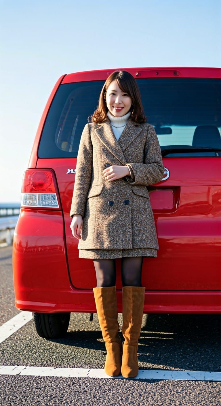 Japanese woman in semi-casual winter wear and knee-high boot...