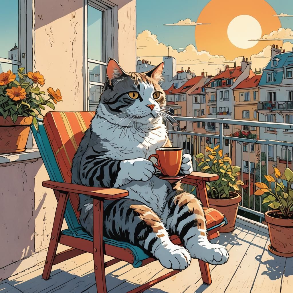 Cat Sipping Coffee in Moebius Comic Style
