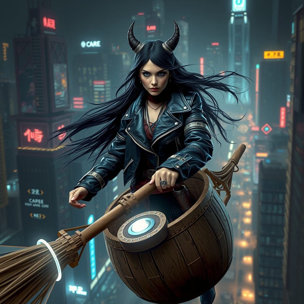 Fierce Cyberpunk Baba Yaga Soars Through the Neon Night