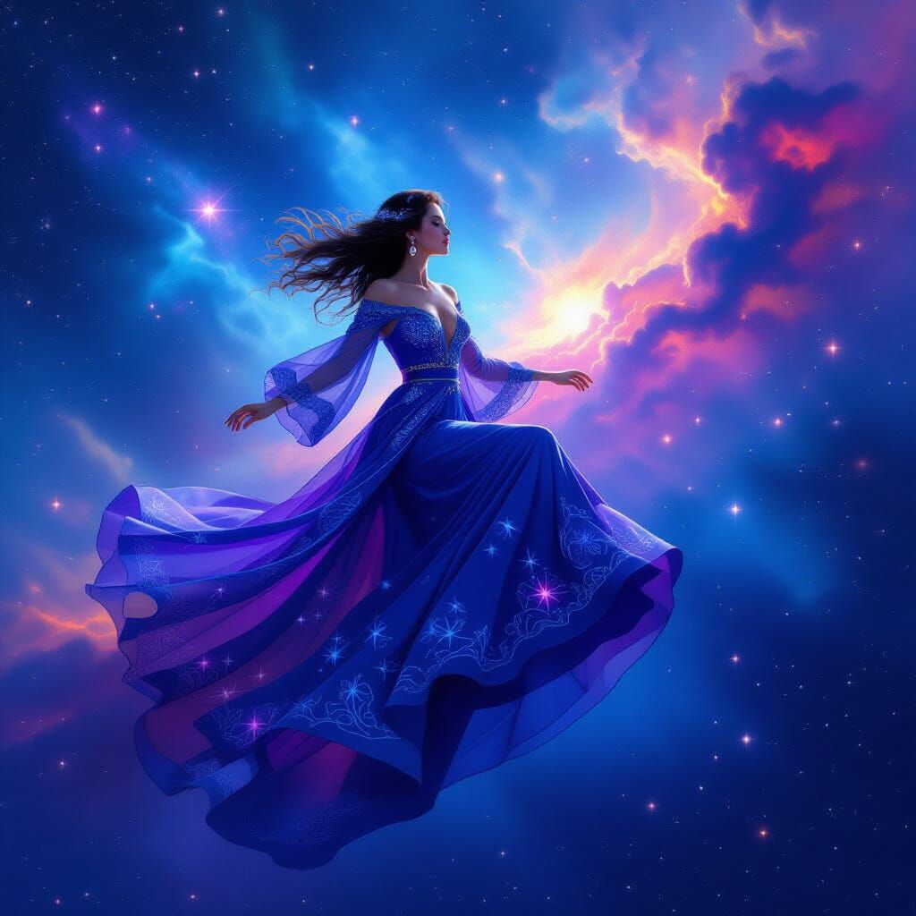 Astronaut in Flowing Gown Amidst Nebula