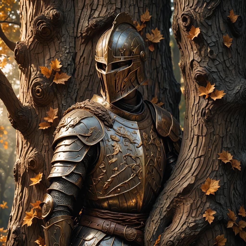 Wooden Knight Emerges from Tree: Hyper-Realistic Concept Art