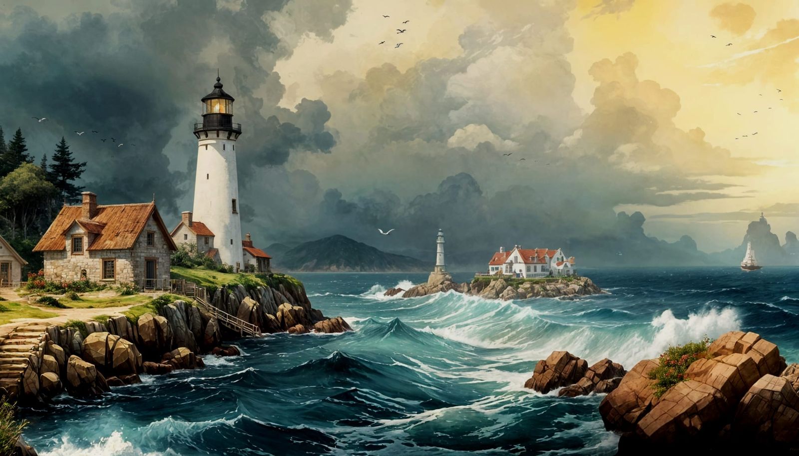 Rustic Cottage Village by the Sea in Watercolor Style