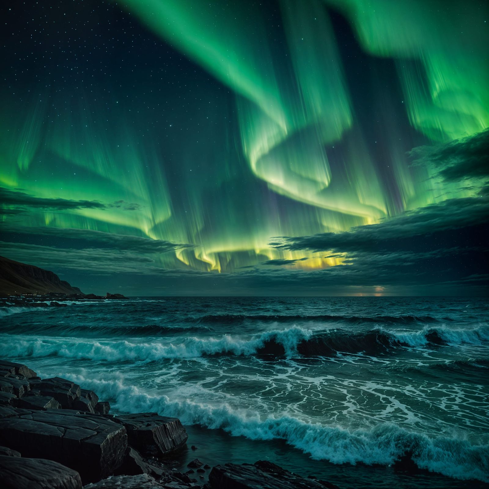 Dramatic Northern Lights Over Stormy Sea