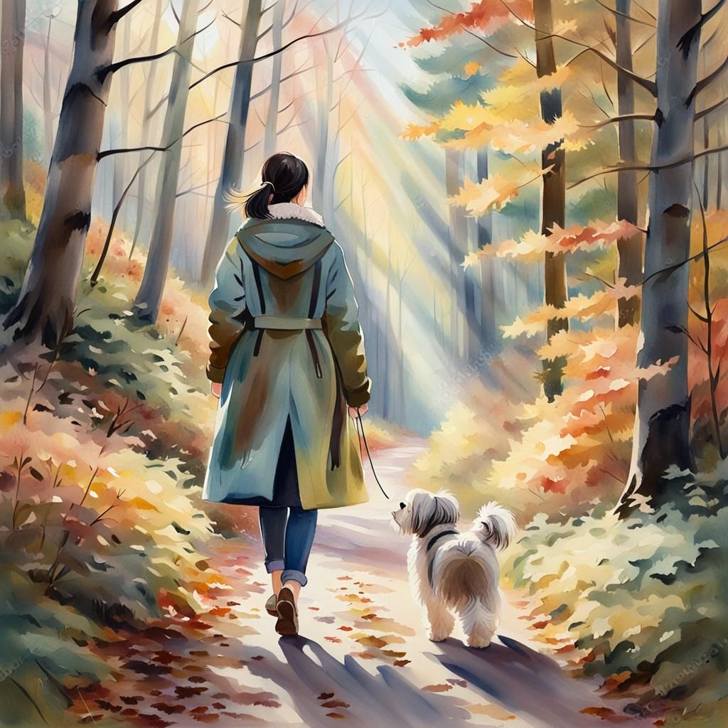 Woman and Dog in Sunny Autumn Forest, Watercolor