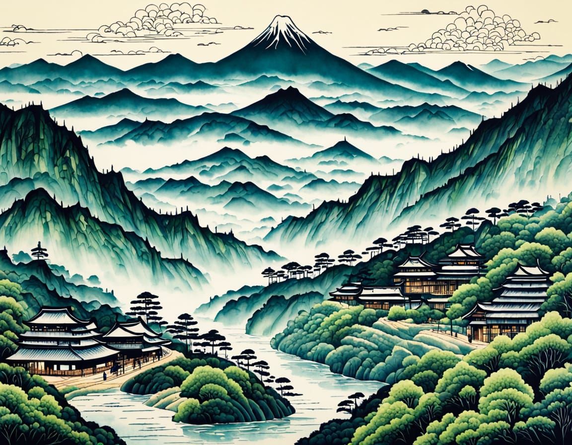 Serene Japanese Morning Bamboo Forest and Mountains