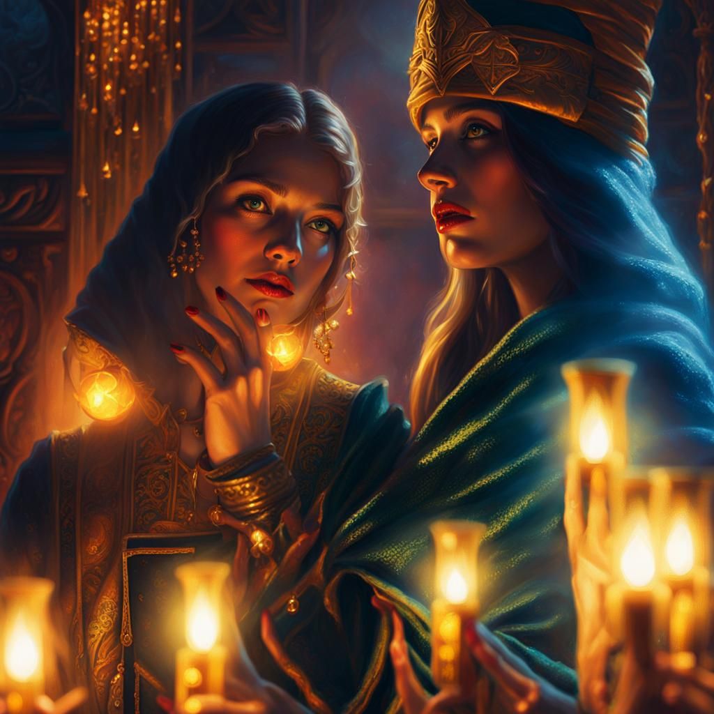 Mysterious Woman Holding Tarot Cards: Fantasy Oil Painting