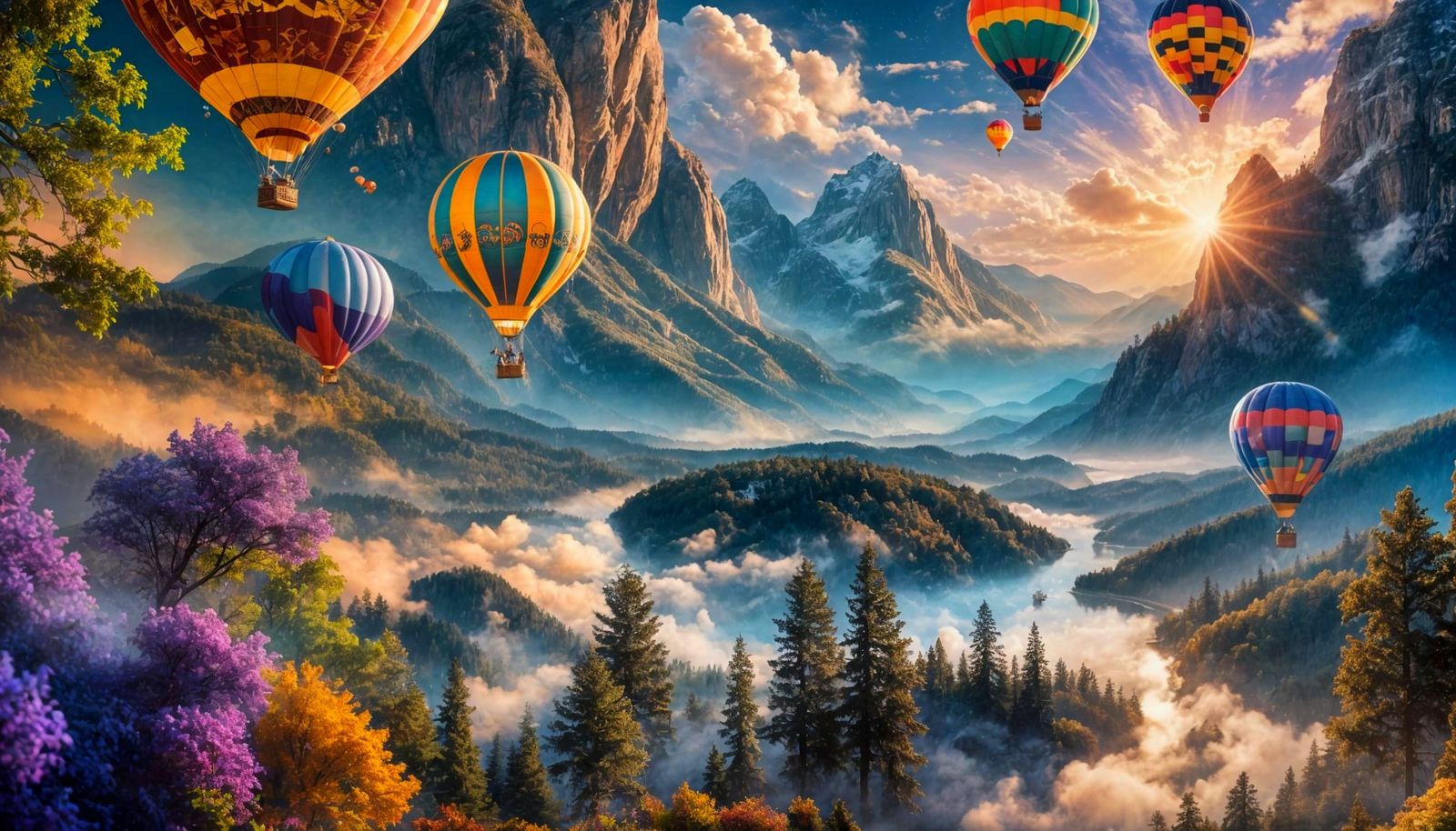 Hot Air Balloon Descending in Cosmic Sunset