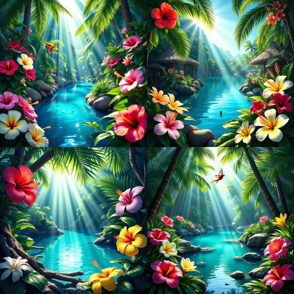Tropical Oasis with Hibiscus and Blue Lake