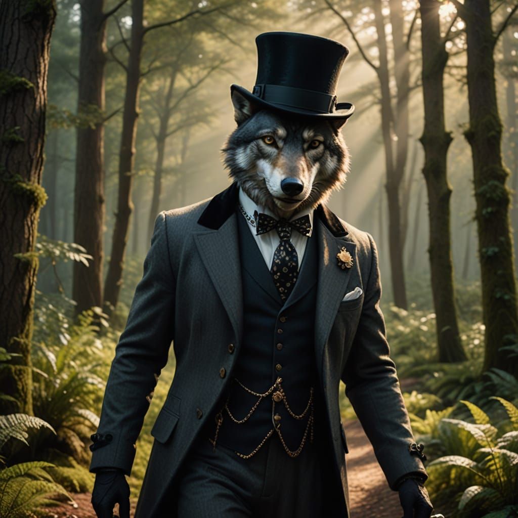 Elegant Victorian Wolf Strolls through Lush Forest