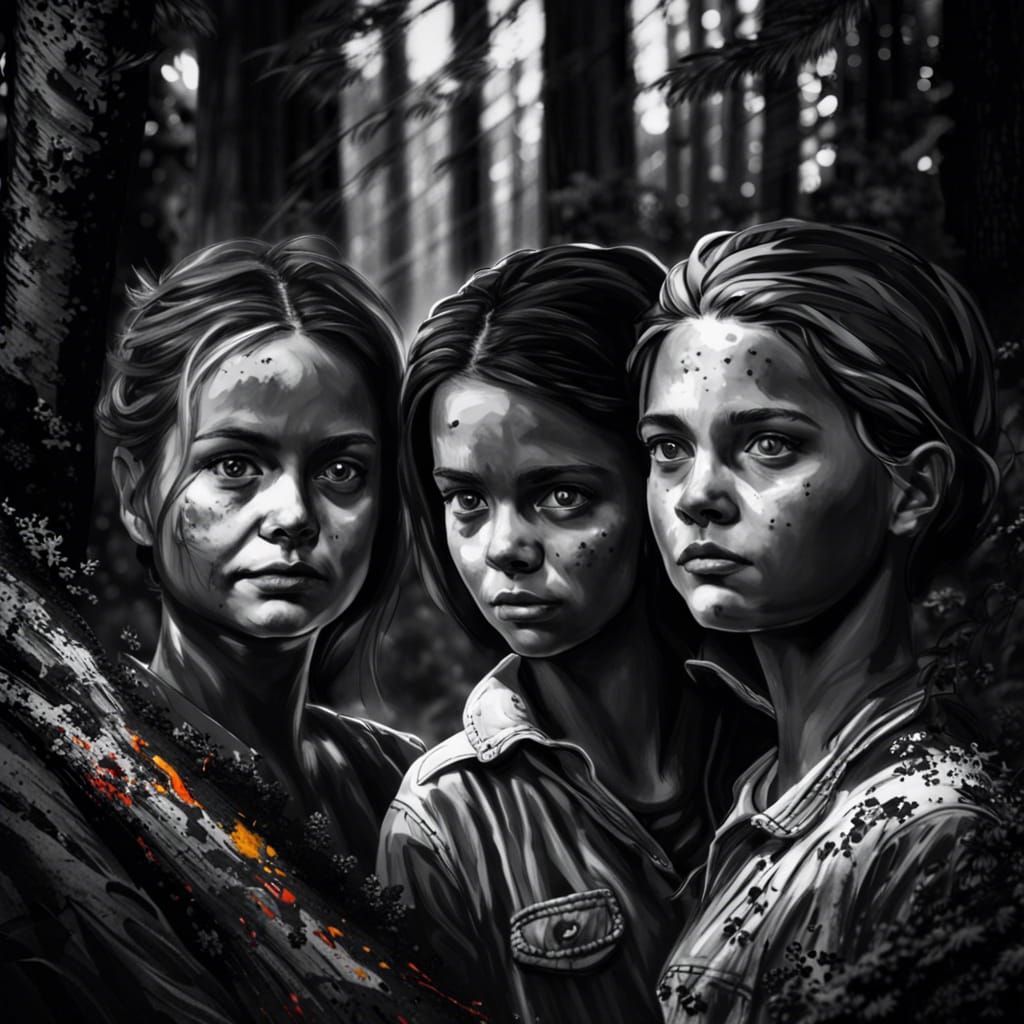Family Portrait in Woods, Black and White Hyperrealism