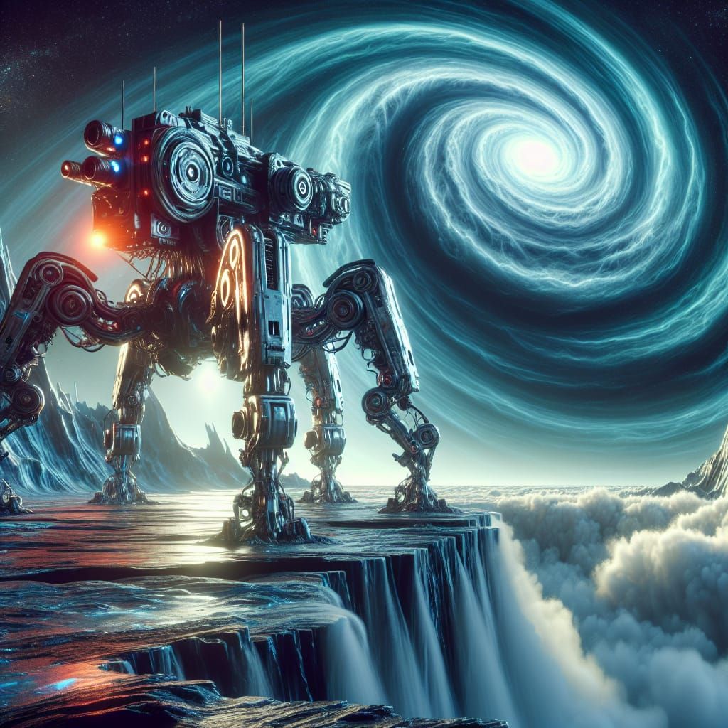 Battle-Mech on Alien Shore Under Magnetar Light