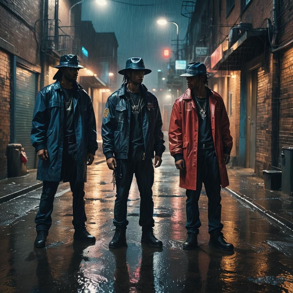 Rival Gang Confrontation in Rainy Alleyway