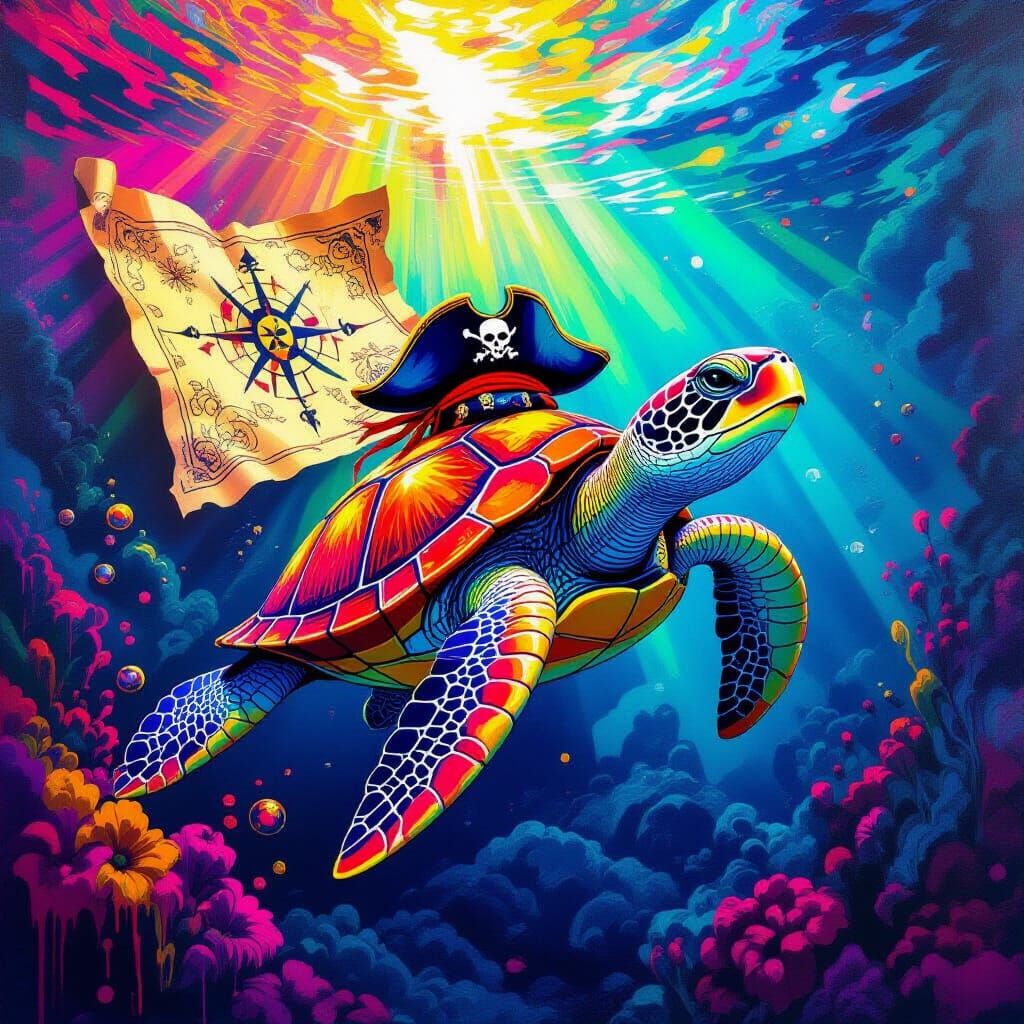 Pirate Turtle Swims in Surrealist Synthwave Waters