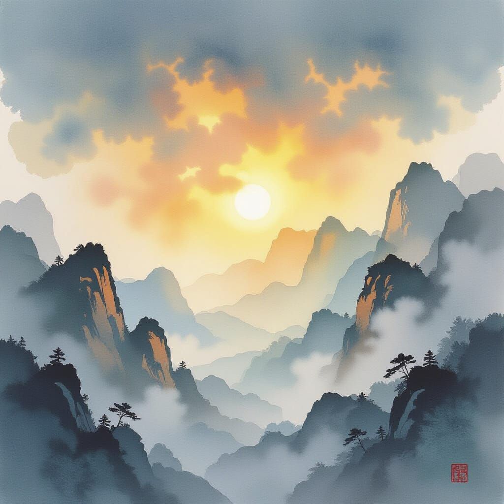 Misty Morning Sunlight in Watercolor Style