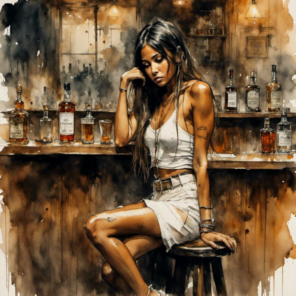 Grunge Bar Scene with Woman in White Dress