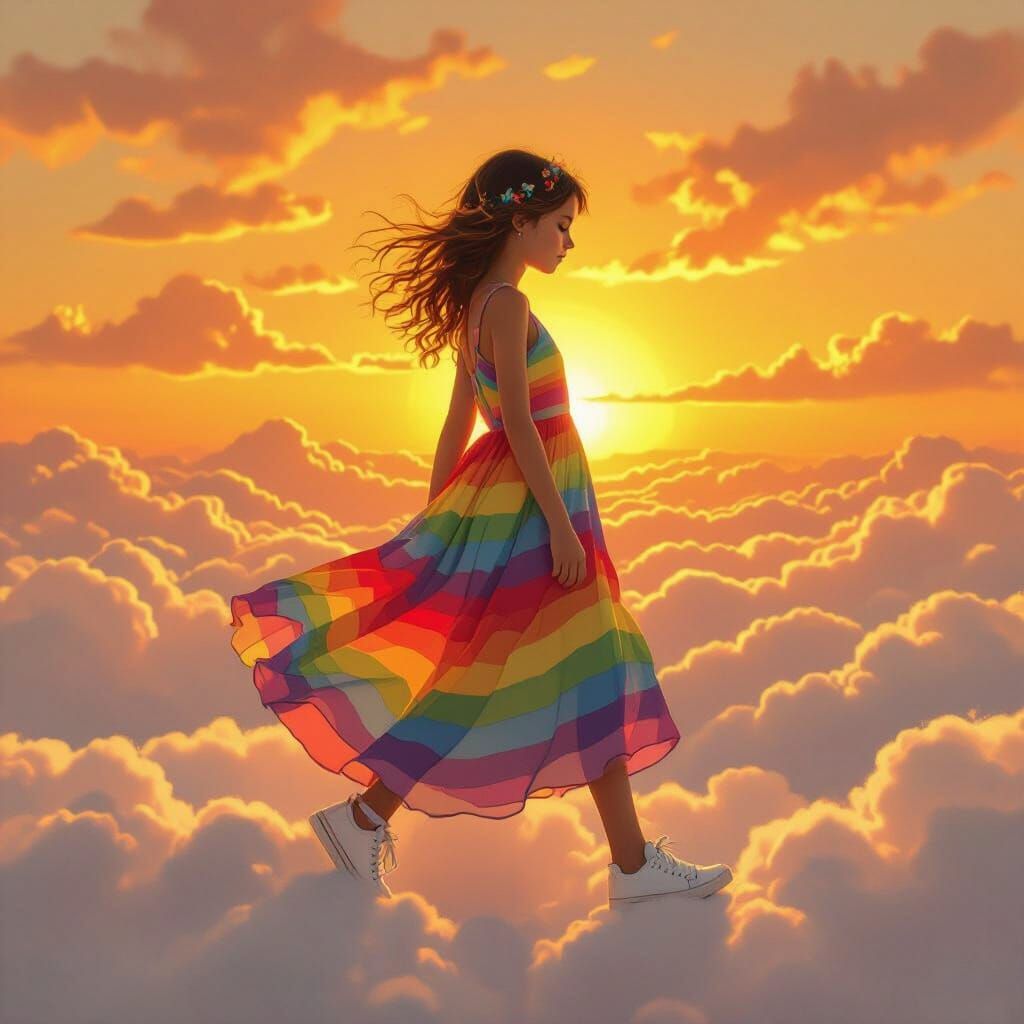 Girl in Rainbow Dress Walking on Clouds