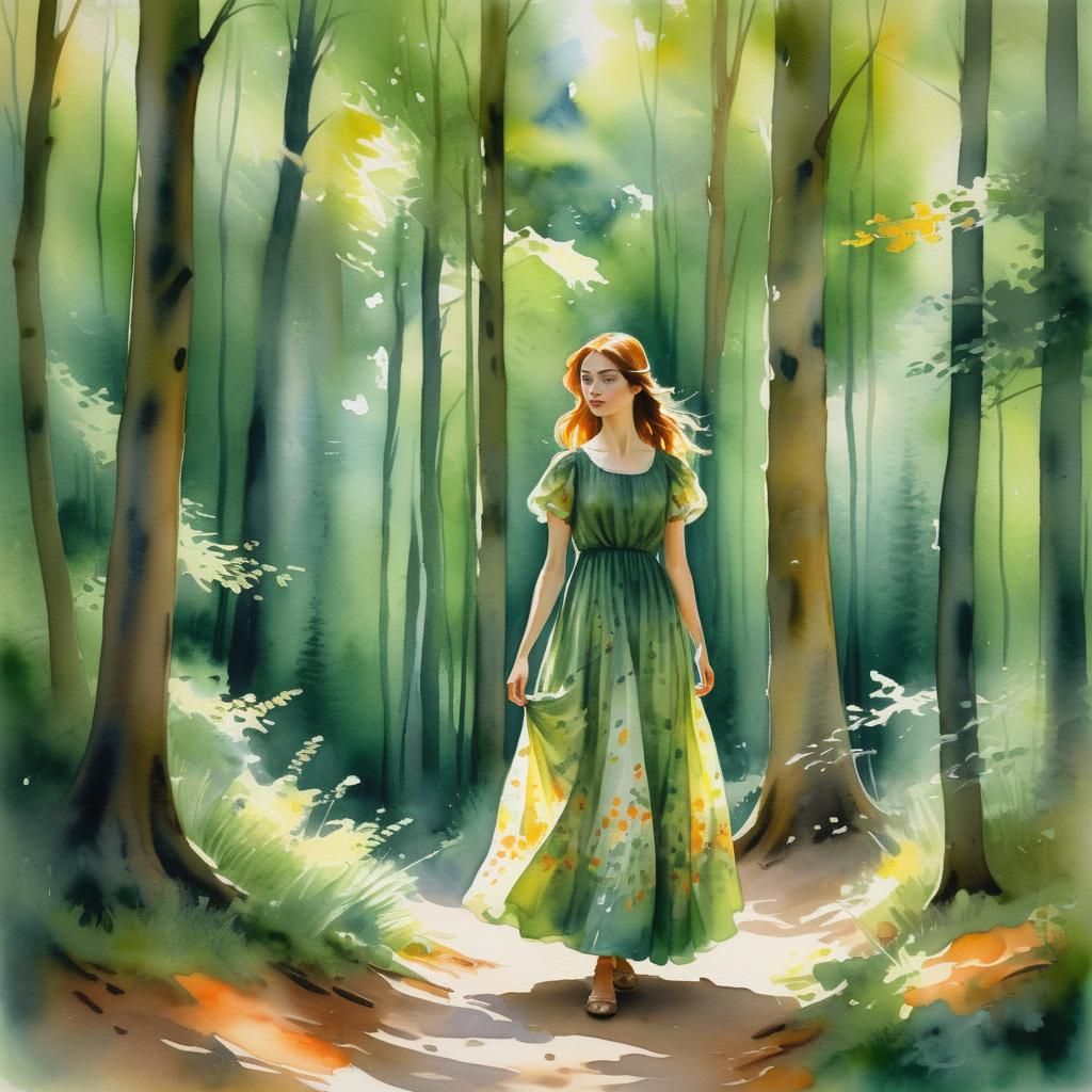 Girl in Green Dress: Impressionistic Watercolour Painting