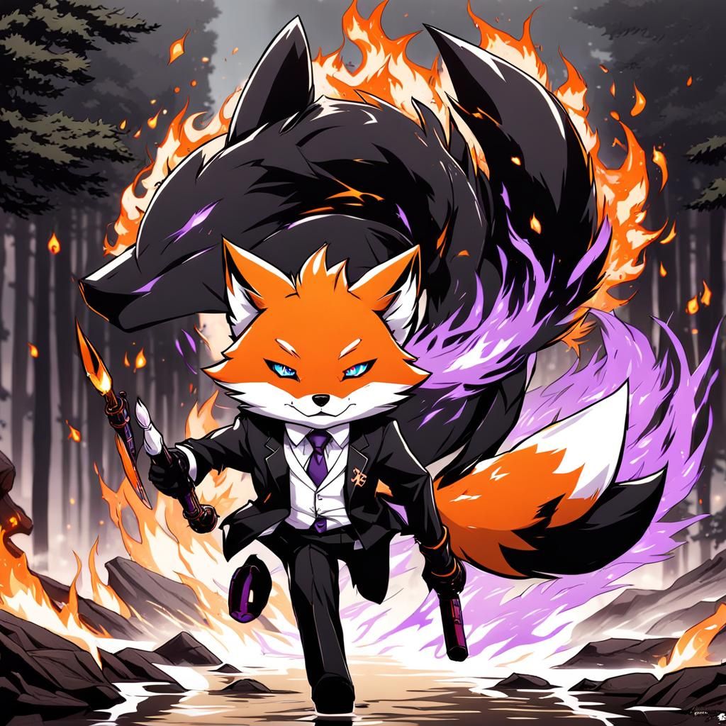 Anime Style Fox Mage Casting Fire and Ice