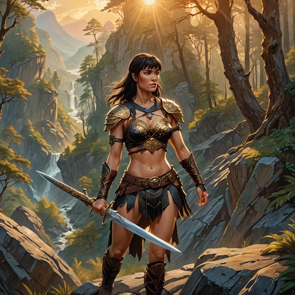 Warrior Princess Overlooking Mystical Forest in Oil Painting...