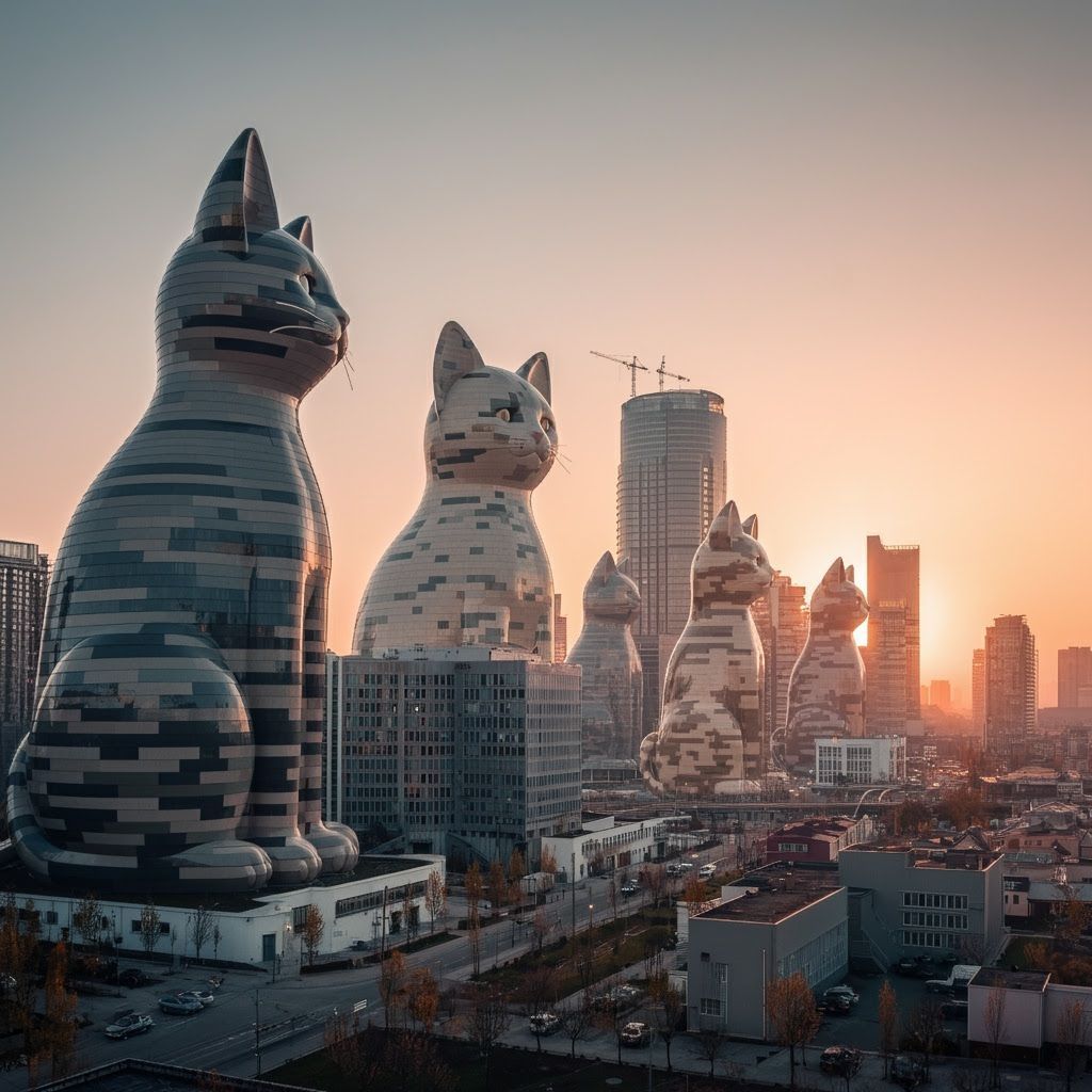 Cat-Shaped Buildings in a Modern Cityscape at Dawn