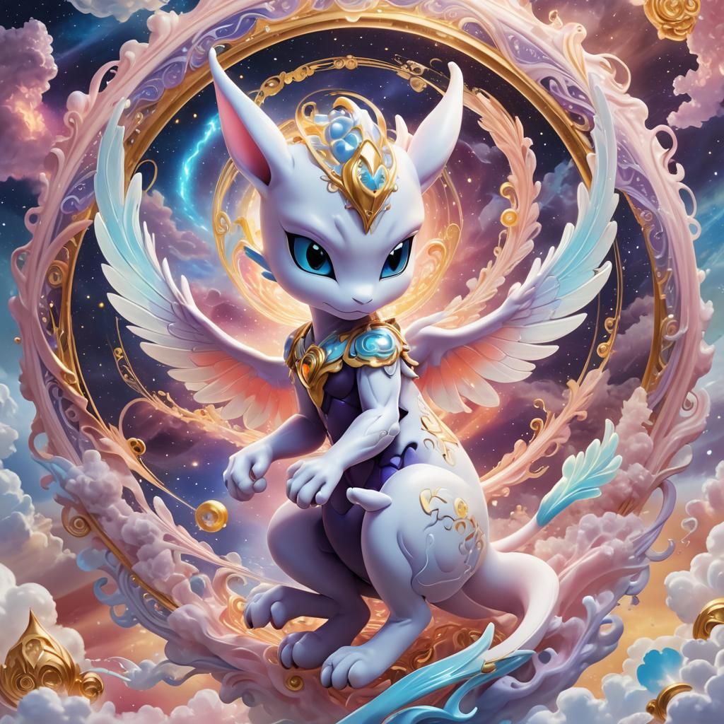 Ethereal Porcelain Mewtwo: Angelic Seraphim in Pastel Hues
