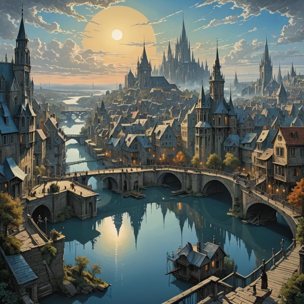 Quaint Lakeside City with Blue Sun